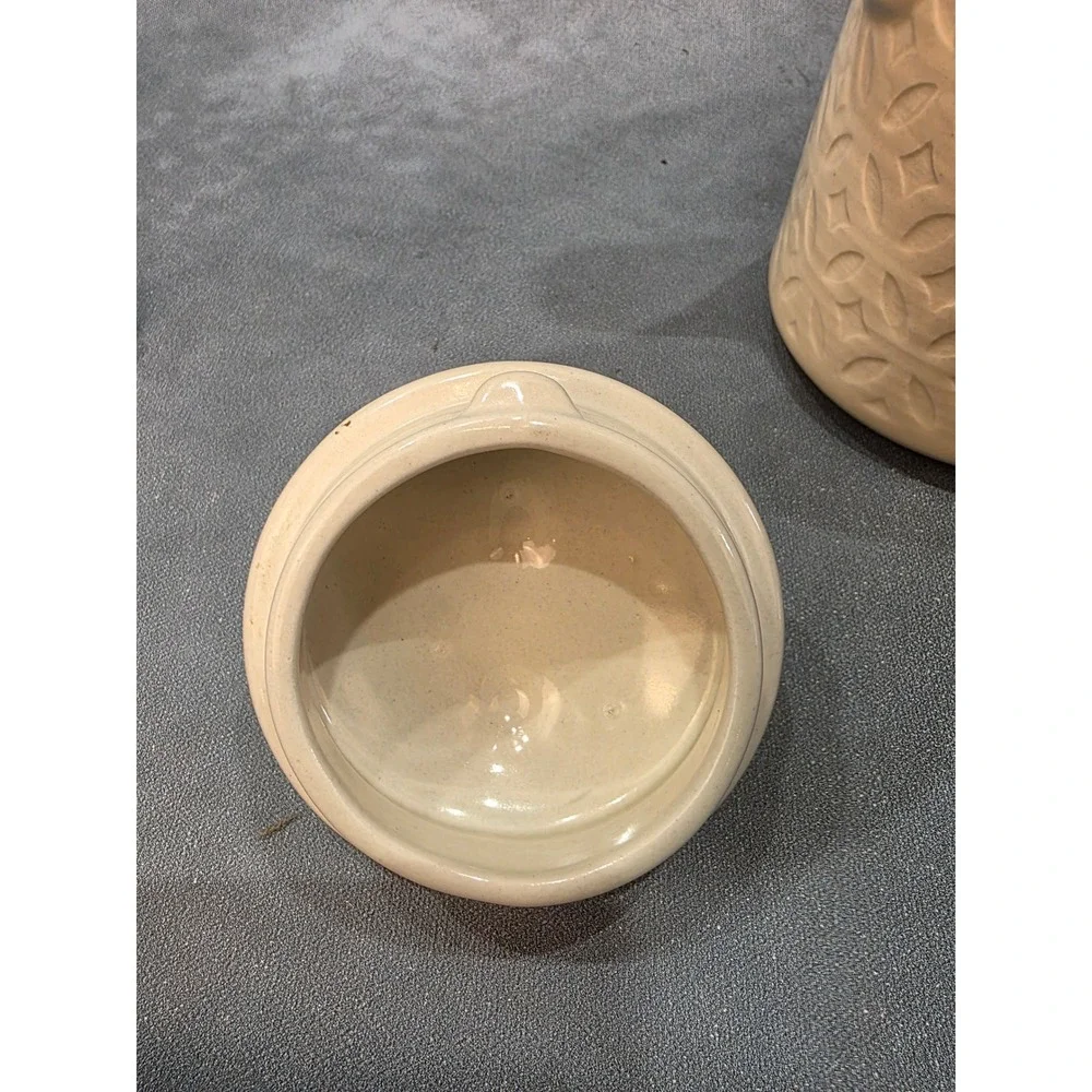 Handmade Studio Pottery Ceramic Pitcher with Lid Cream Geometric Embossed 13.5in